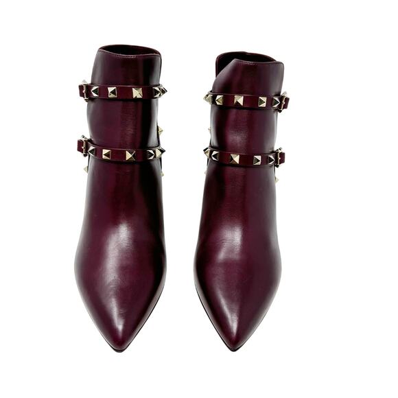 Valentino Garavani Rockstud Burgundy Leather Ankle Boots 37.5 Pointed Toe Heels - Picture 2 of 6